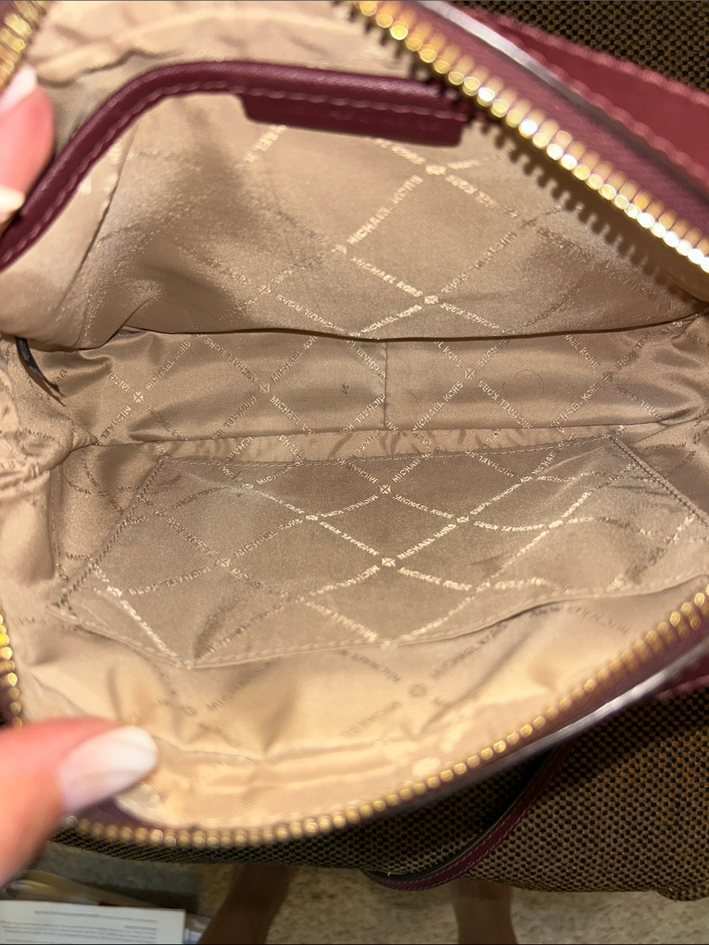 Michael Kors Brown MK Logo Crossbody with Burgundy Trim and Gold Chain - Picture 7 of 12